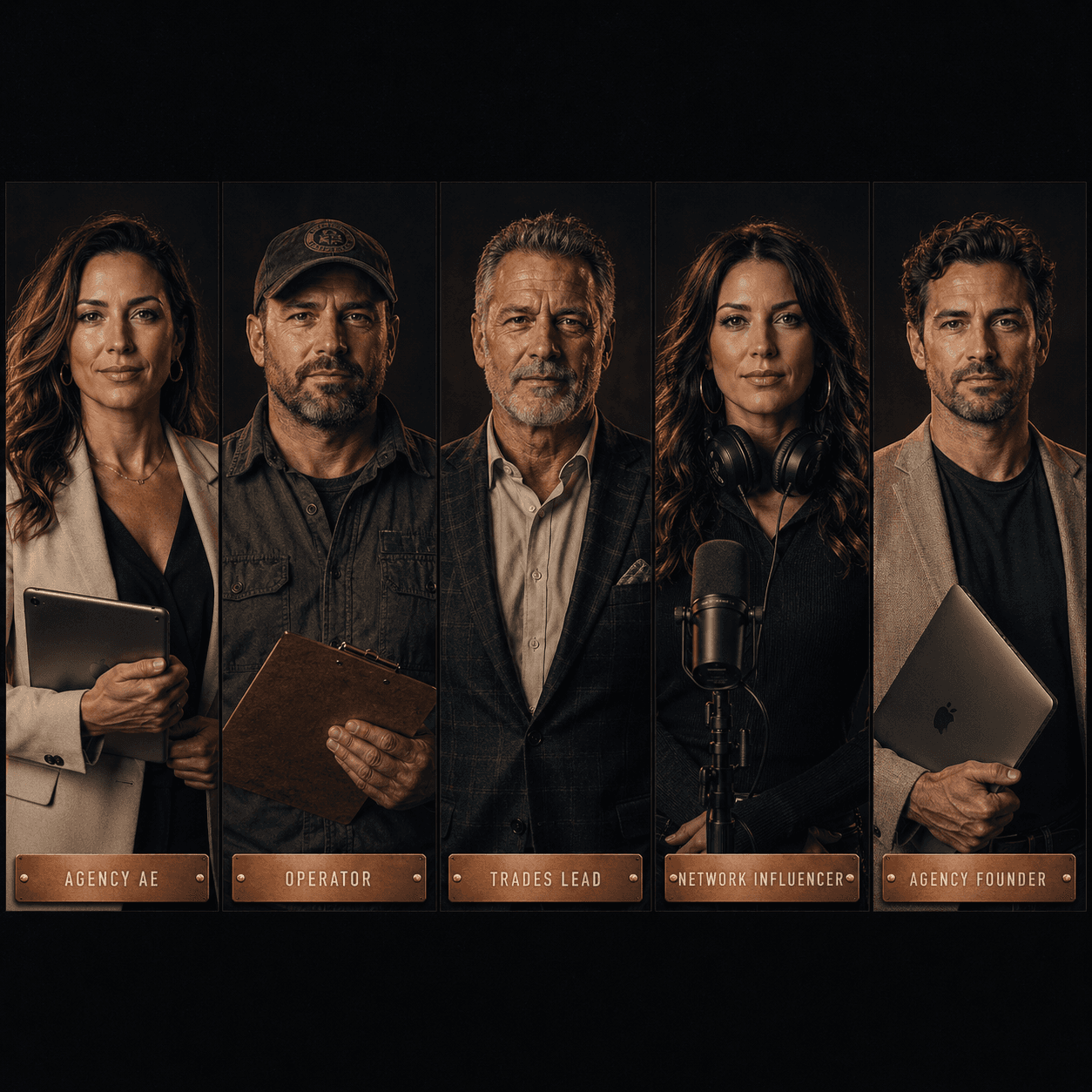 Five-icon row showing operator profiles that succeed selling for aivideos.co — owners, business owners, trades-network gatekeepers, network influencers, agencies