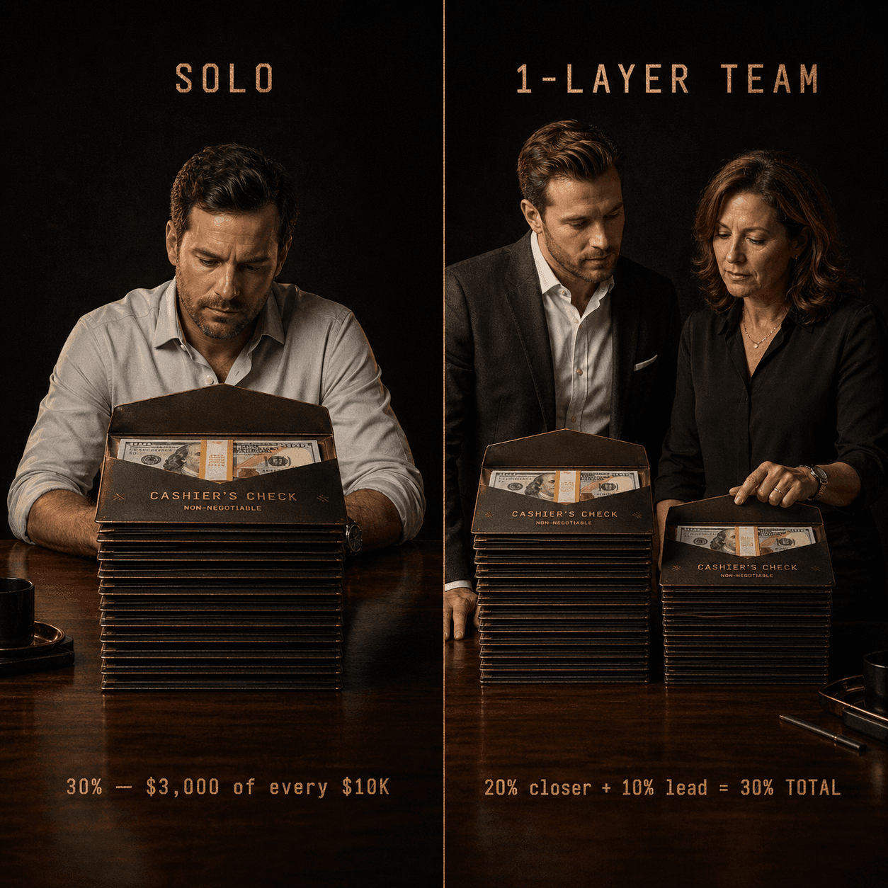 Two-panel diagram showing solo rep keeping 30% of a $10,000 deal versus a 1-layer team where 20% goes to the seller and 10% goes to the team lead