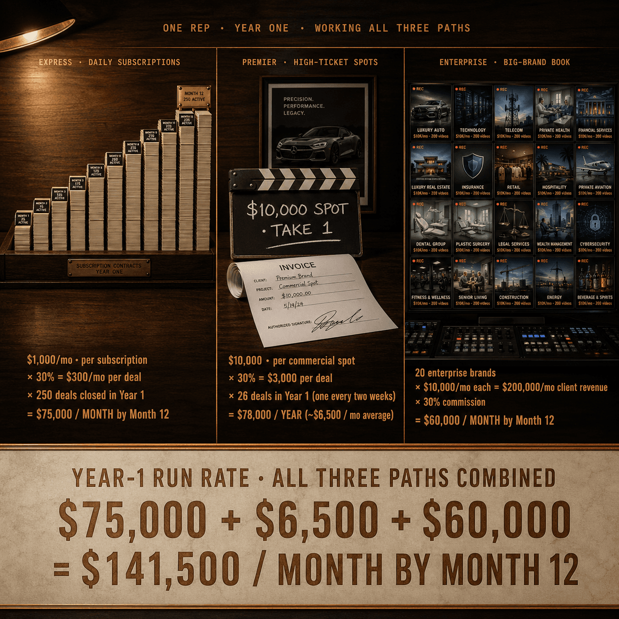 Three earnings paths — Express path $75K per year, Premier path $78K per year, subscription book $180K per month at scale
