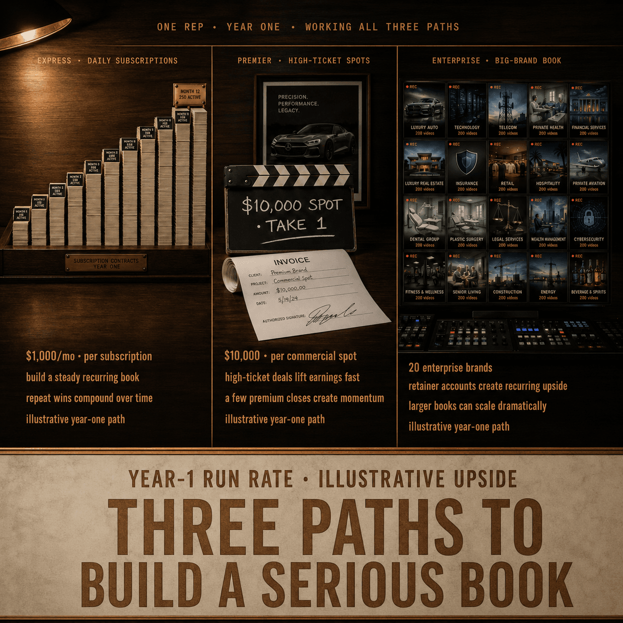 Three seller growth paths — Express subscriptions, Premier high-ticket spots, and Enterprise brand books